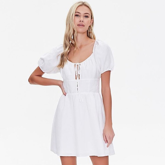 NWT Forever 21 Linen Puff Sleeve White Mini Dress Size Medium - Picture 1 of 9